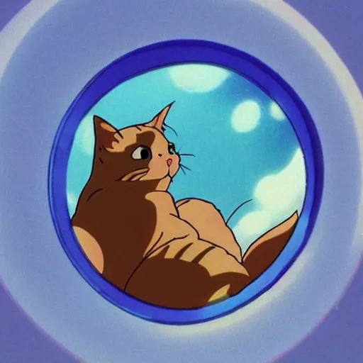 Prompt: a cat stares out of a circular bubble window, 1 9 9 0 s anime, animation cel, kawaii, soft glow, studio ghibli, grainy