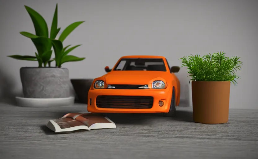 Image similar to a small miniature of a orange Toyota TE27 on a white table near a book and a vase with a plant, hyperrealistic, concept art, octane render, unreal engine 5, path tracing, complementary colors, calm, relaxing, serene, product photo, centered, symmetrical