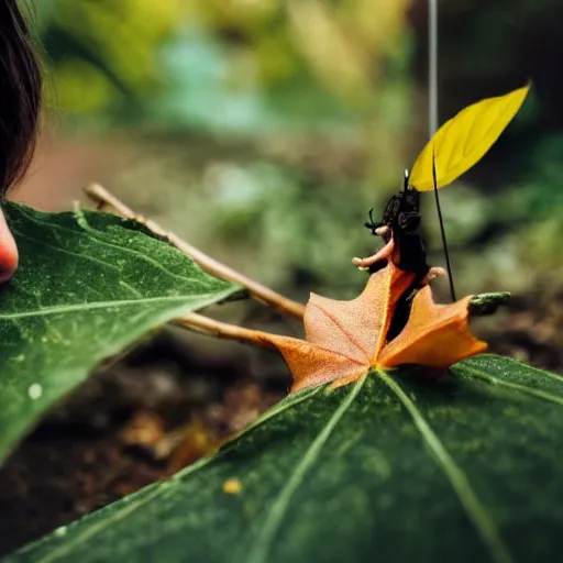 Prompt: Small Katniss Everdeen dwarfed by a leaf, in a garden, macro photography