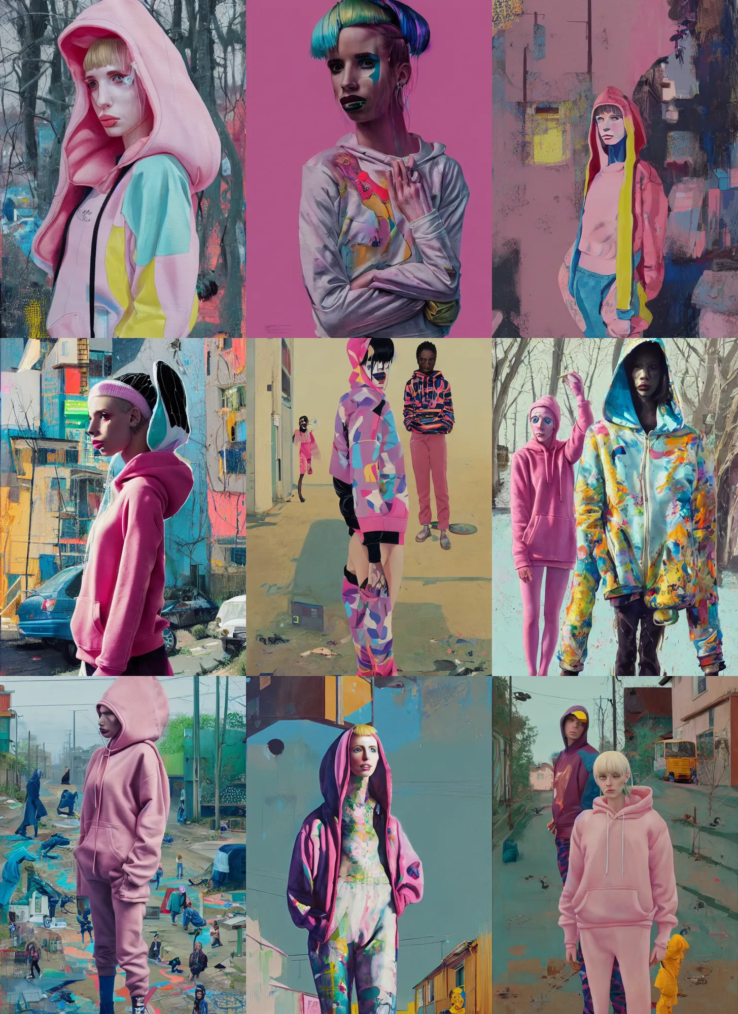 Prompt: still from music video of emma roberts from die antwoord standing in a township street, wearing a hoodie, street clothes, full figure portrait painting by njideka akunyili crosby and martine johanna, earl norem, ismail inceoglu, pastel color palette, 3 5 mm lens