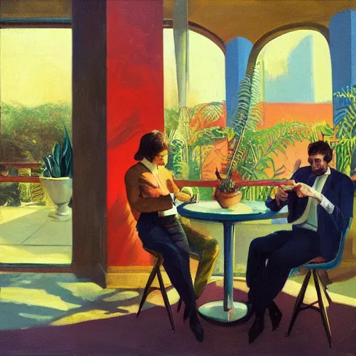 Image similar to an excited couple redefining love in a caffe surrounded by plants, oil on canvas by Francis Bacon and Edward Hopper, bruce pennington, James Gilleard, artstation