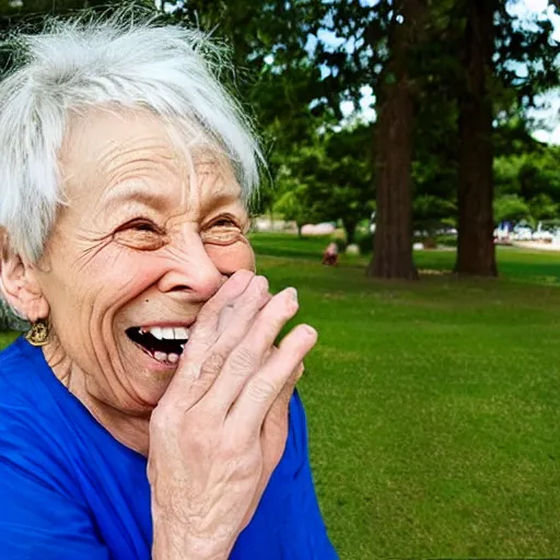 Image similar to ( ( ( an old woman laughing in a park. ) ) ) she has a thin translucent oxygen tubing under her nose!!!