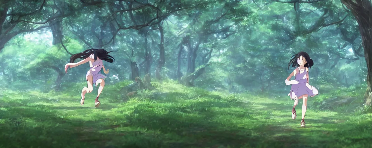 Prompt: beautiful goddess running, in forest, chase by warriors, nighttime, asian, fantasy, studio ghibli, screenshot from the anime film by makoto shinkai, 8k