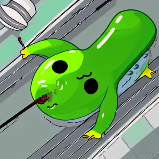 Image similar to a cute green caterpillar spinning a chrysalis inside a space station, sci-fi illustration