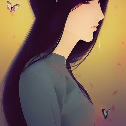 Prompt: A beautiful profile picture portrait with butterflies by Ilya Kuvshinov