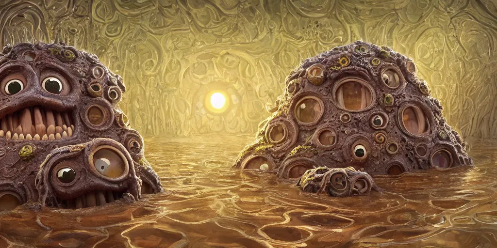 Image similar to of an intricate muddy water with strange cute friendly happy creatures with huge eyes, long tongue, round teeth and goofy funny face, appearing from the background, in the style of gehry and gaudi, macro lens, shallow depth of field, ultra detailed, digital painting, trending artstation, concept art, illustration, cinematic lighting, photorealism, epic, octane render