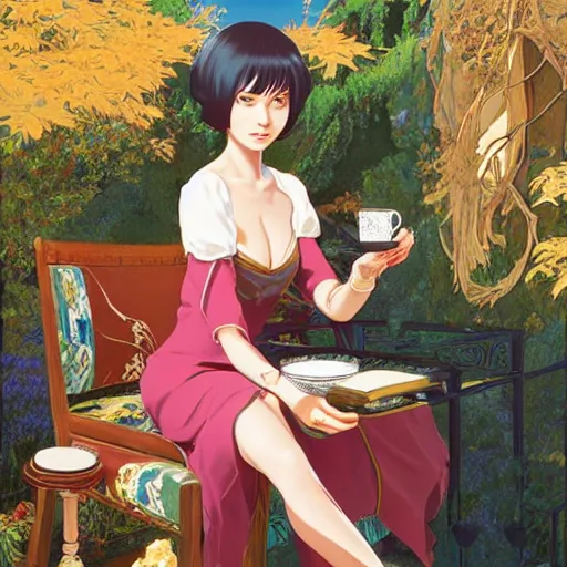 Image similar to Full body portrait of a sorceress sipping tea in her sunlit study, fantasy, digital illustration, exquisitely detailed, Ilya Kuvshinov, Hayao Miyazaki, Kazuma Kaneko