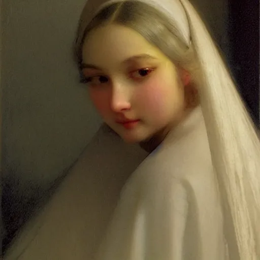 Prompt: a young woman’s face, her hair is white, she wears a long flowing blue satin veil, by ivan aivazovsky and pieter claesz and paul delaroche and alma tadema and august malmstrom and and willen claesz heda and aelbert cuyp and gerard ter borch, hyperrealistic, volumetric light, rendered in octane, c4d