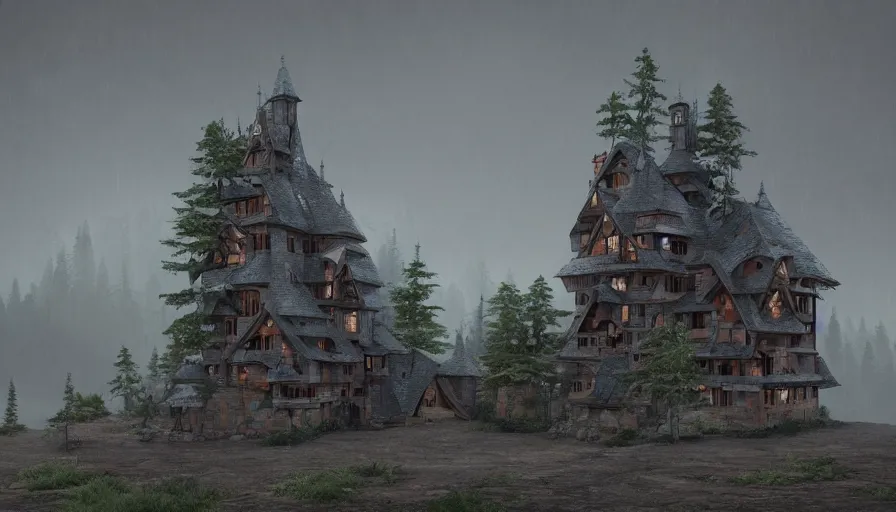 Image similar to Humongous wooden castle build in a forest near of a lake, grey sky, hyperdetailed, artstation, cgsociety, 8k