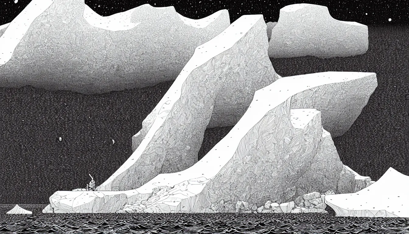 Image similar to iceberg by nicolas delort, moebius, victo ngai, josan gonzalez, kilian eng