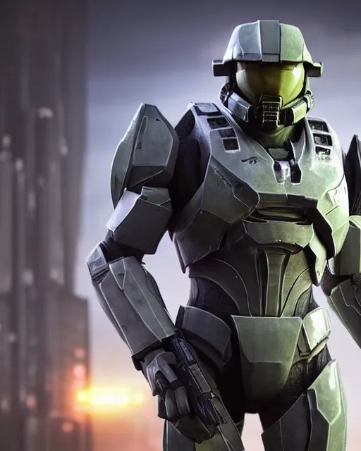 Image similar to off angle beautiful full body shot film still of master chief at night in science fiction city hard surface modeling unreal redshift