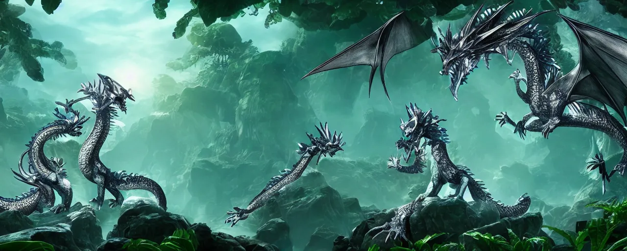 Prompt: crystal dragon in jade jungle with mystical animals, high quality 4k, trending on artstation