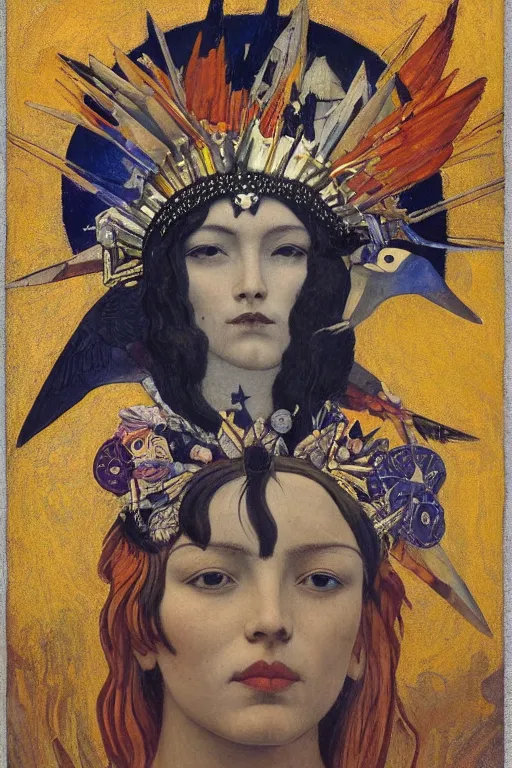 Image similar to punk queen of the crows with stars in her hair by Nicholas Roerich and Annie Swynnerton and Diego Rivera and jean delville and Carl Larsson, dramatic cinematic lighting , silver jewelry, ornate headdress, sacred artifacts, lost civilizations, smooth, sharp focus, extremely detailed