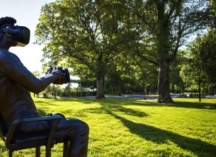 Image similar to photo still of a bronze statue of a man gaming in vr in a park on a bright sunny day, 8 k 8 5 mm f 1 6