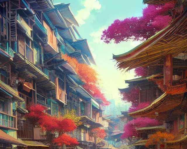 Prompt: street-level view of a beautiful, colorful kitsune city, bamboo, flowers, anime, fox people, a fantasy digital painting by Greg Rutkowski and James Gurney, trending on Artstation, highly detailed