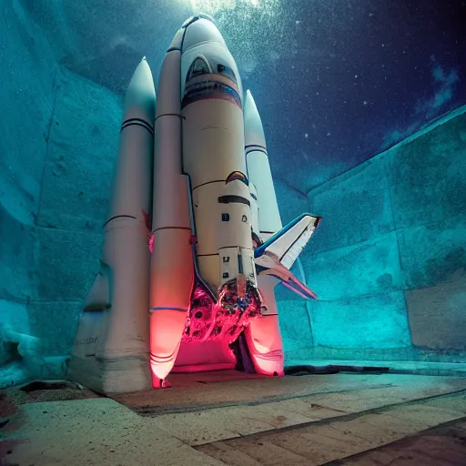 Prompt: dreamlike film photography of a 1880s art nouveau space shuttle made of concrete at night underwater in front of colourful underwater clouds by Kim Keever. In the foreground floats a seasnake. low shutter speed, 35mm