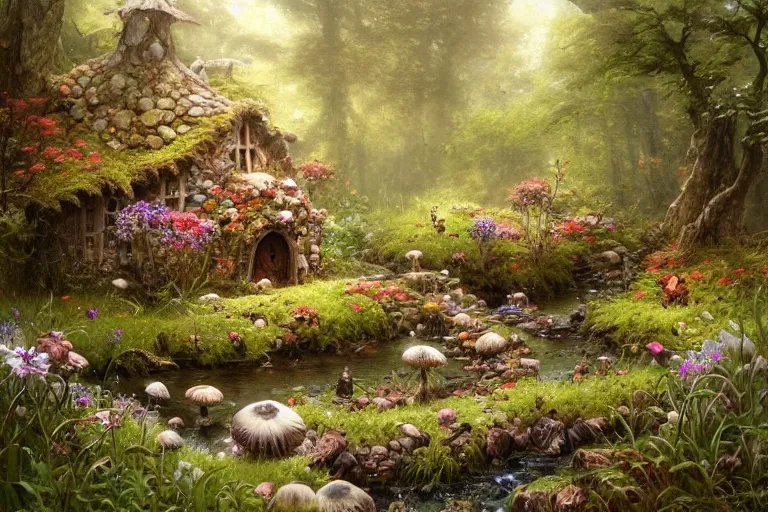 Image similar to wide angle view, a beautiful digital painting of a fairy house made of rocks and mushrooms by a stream, flowers, beautiful tranquil day, by greg rutkowski, gerald brom, marc simonetti, jean - baptiste monge, and alphonse mucha, symmetry, complementary colors, ink illustration, trending on artstation