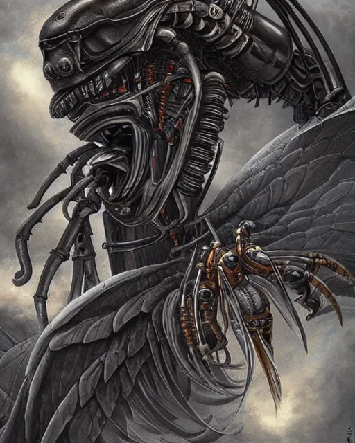 Prompt: death is swallowed up in victory, very detailed and beautiful portrait of a giant mechanical wasp, screaming with fear, giant mechanical bird, artwork by artgerm, art by h. r. giger