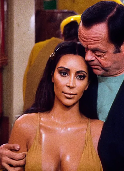 Prompt: film still of Del Boy from Only Fools & Horses hugging kim kardashian at a london bar, 4k