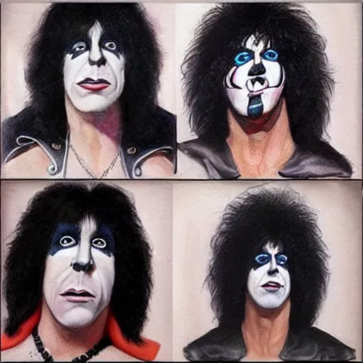 Image similar to Caricature portraits done of KISS band members in makeup, realistic, hyperrealistic, very realistic, highly detailed, very detailed, extremely detailed, detailed, oil painting, digital art, trending on artstation