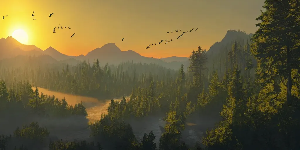 Image similar to A majestic landscape featuring a river, mountains and a forest. A group of birds is flying in the sky. There is man on a horse They are both staring at the sunset. Cinematic, very beautiful, painting in the style of firewatch