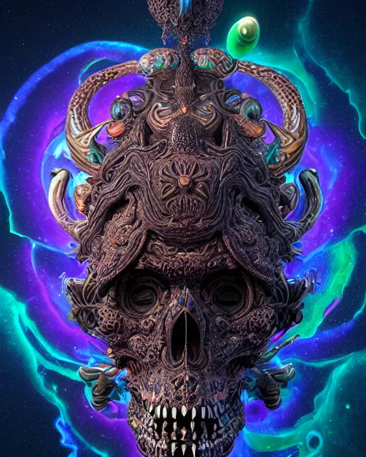 Image similar to 3 d ornate carved dark cosmic nomad with profile portrait, sigma 5 0 0 mm f / 5. beautiful intricate highly detailed quetzalcoatl skull. bioluminescent, plasma, lava, ice, water, wind, creature, thunderstorm! artwork by tooth wu and wlop and beeple and greg rutkowski, 8 k trending on artstation