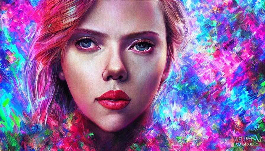 Image similar to scarlett johansson in psychodelic dmt lsd forest, photorealistic, artgerm, artwork by Arian, Mark