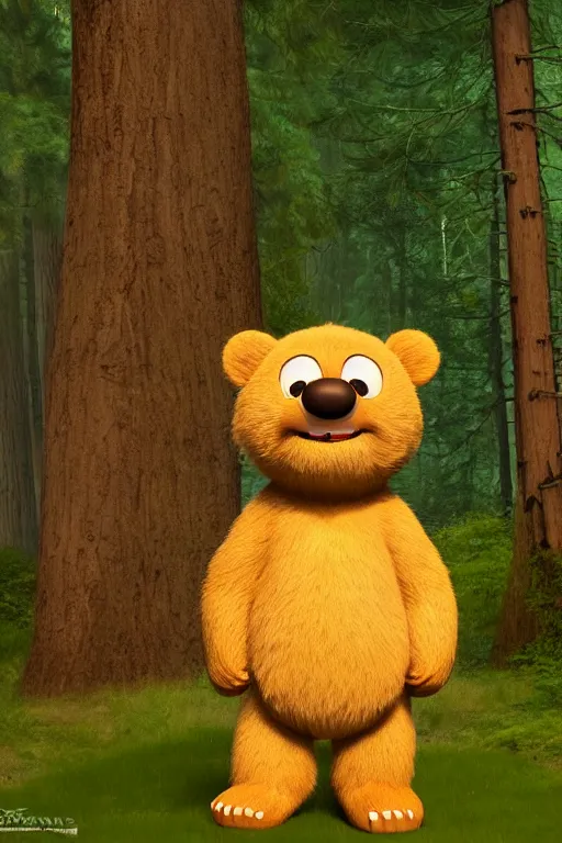 Image similar to cinematic shot of a cute anthropomorphic bear standing in the forest with his hands on his waist by greg rutowski and his face by pixar with a warm smile and big green eyes, full view of bear, anatomically correct body, disney, yogi bear, studio ghibli, 8 k, masterpiece
