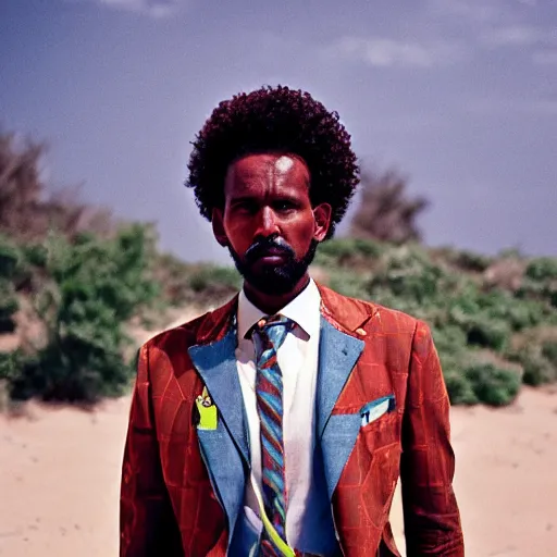 Prompt: a somali man with curly hair, in a movie still by wes anderson of a beautiful day on an island, visible magic energy, dream high fashion costumes, cinestill 8 0 0 t eastmancolor, high quality, heavy grain