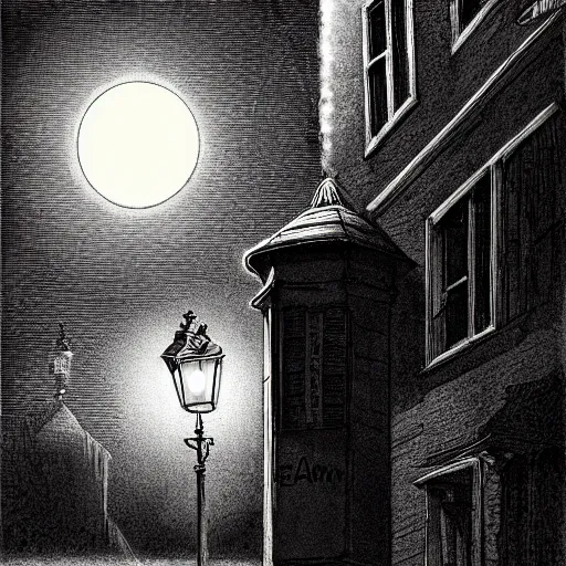 Image similar to a pig in a tuxedo, street lamp, illustration by Gustave Doré, high detail, eerie, street lamp, barn, creepy, dark, night, misty, moon, chiaroscuro, film noir