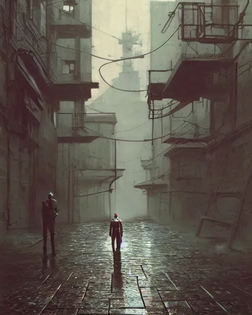 Image similar to robbie the robot walking through a wet alley, retrofuturism sci - fi old movie, highly detailed, photorealistic, 8 k, by beksinski and stalenhag