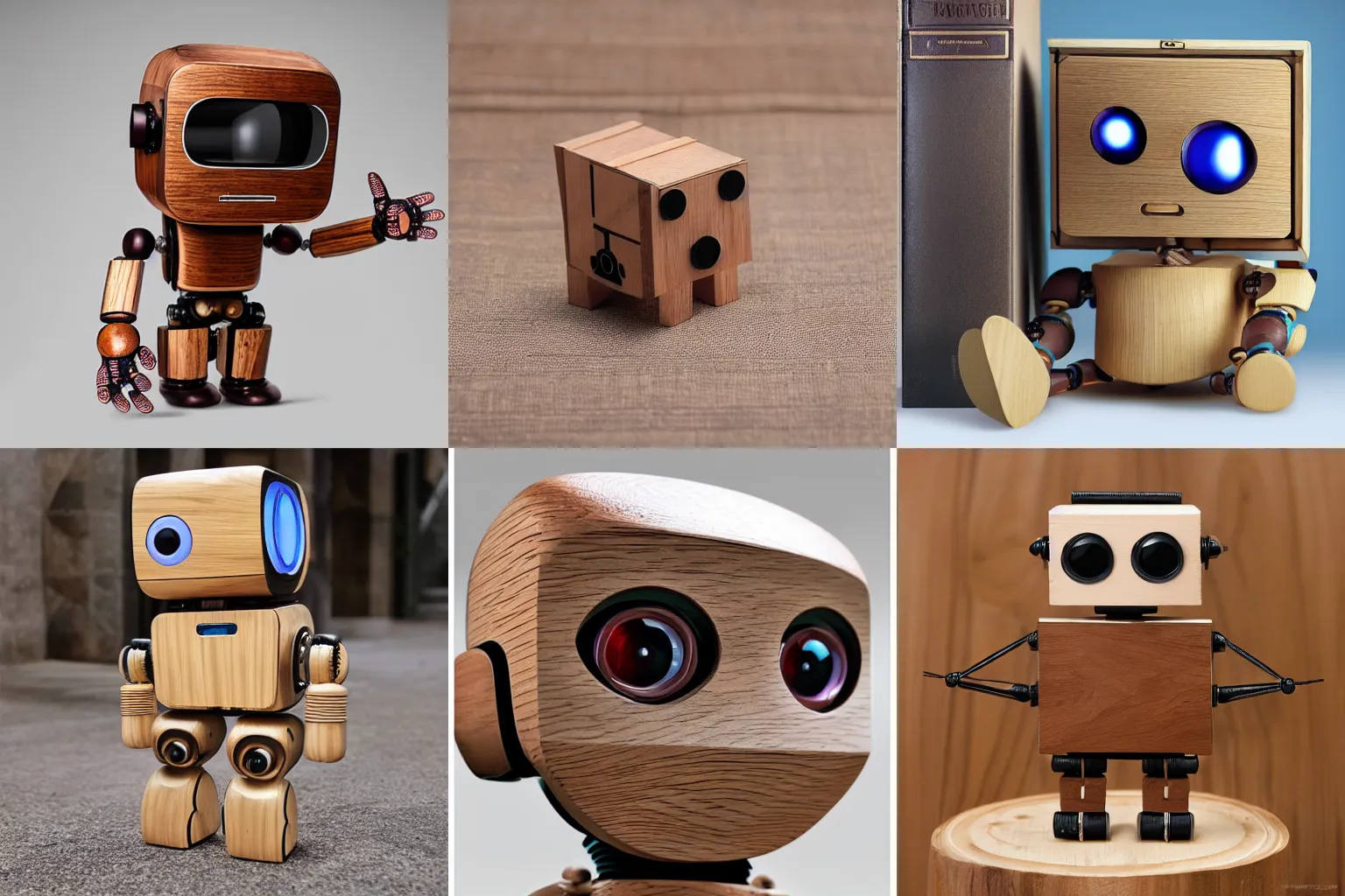 Prompt: ultra realistic 8k octan photo wooden art toys cute robot on a contemporary art gallery