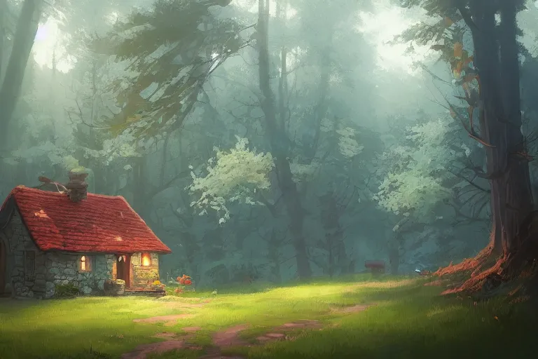 Image similar to a quaint little cottage in a clearing in a huge magical forest by andreas rocha and alena aenami, trending on artstation
