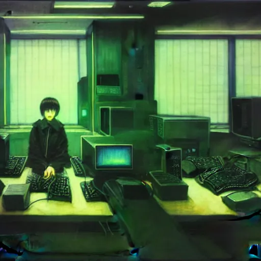 Prompt: portrait of lain iwakura, background room full of cables and computers by yoshitoshi abe, ruan jia and joao ruas, atmospheric, green and blue tones