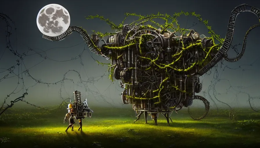 Prompt: a walking mechanical castle with legs, vines, forest, hyperrealistic, highly detailed, cinematic, single ray of moon, dark sky, beautiful, cgssociety, artstation, 8 k, oil painting