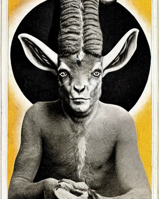 Prompt: aleister crowley as a a satyr goat man, he has long goat ears, multicolored goat fur, goat horns and yellow goat eyes with black horizontal pupils