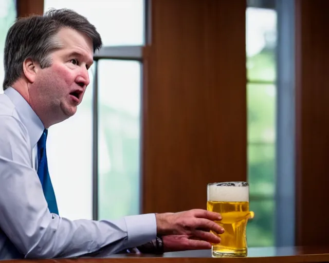 Prompt: photo of brett kavanaugh staring longingly at beer, 5 0 mm f / 2. 8, dramatic, color photo, emotional