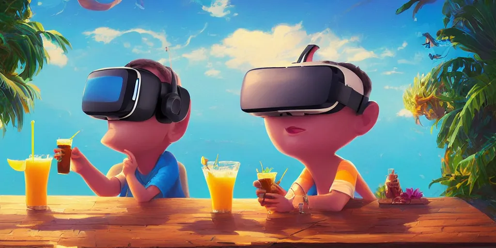 Prompt: a cutecharacter wearing a vr headset drinking a pina colada,, alena aenami, petros afshar, noah bradley, anton fadeev, anato finnstark, steve henderson, filip hodas, mark keathley, thomas kinkade, phil koch, gilbert williams, mike winkelmann, beeple