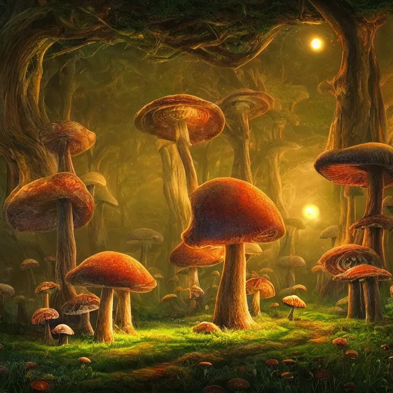 Image similar to an enchanted mushroom forest inspired by Evgeny Lushpin, midnight, full moon, cinematic, intricate, very detailed