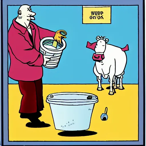 Prompt: far side comic strip, gary larson, a cow points at a bucket, illustration