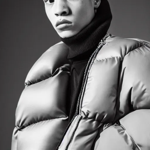 Image similar to realistic photoshooting for a new acne studio lookbook, color film photography, close up, model is wearing a puffer jacket, photo of a woman, photo in style of tyler mitchell, 3 5 mm, vetements, balenciaga, commes des garcon