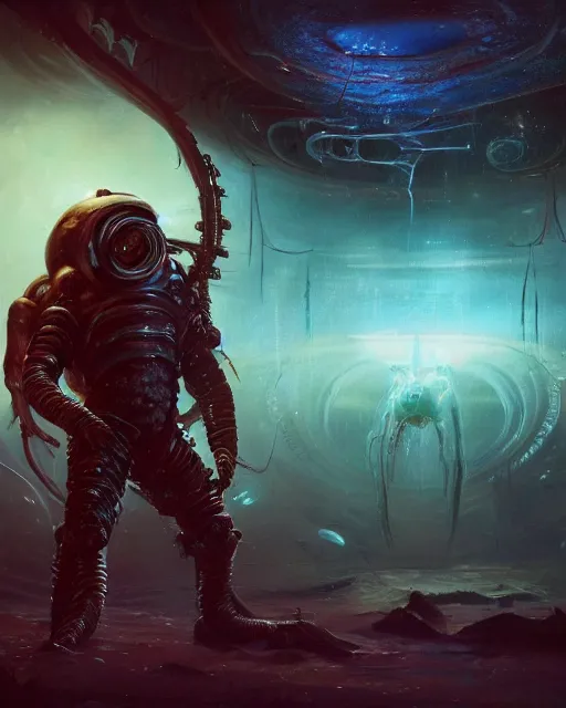 Prompt: oil painting of Lovecraftian sci-fi monster wearing alien space suit, sharp focus, holding sci-fi rifle, magical aura, heroic pose, fantasy style, octane render, volumetric lighting, 8k high definition, by greg rutkowski, highly detailed, trending on art Station, magic the gathering artwork, Spaceship hallway background, centered, horror, sci-fi artwork, demonic