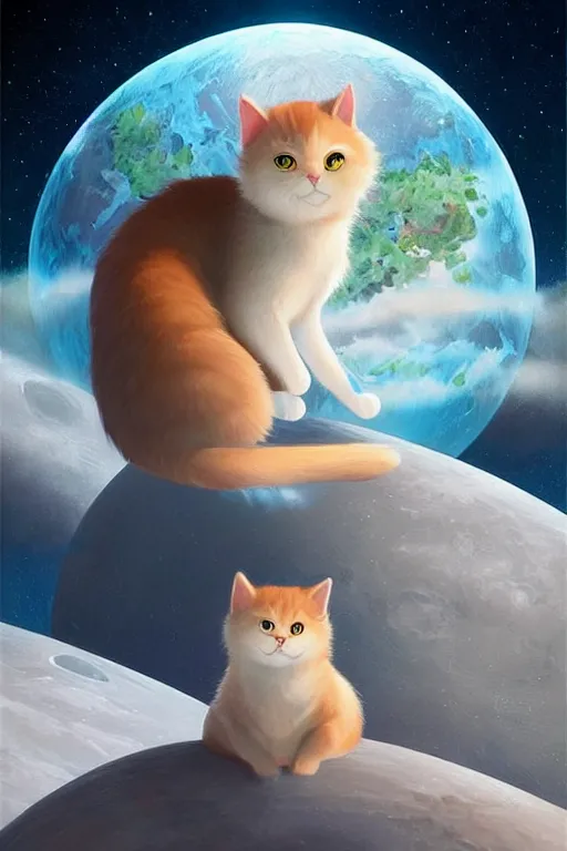 Prompt: Kawaii Cat on the moon with a view of the earth in the background, elegant, digital painting, highly detailed, artstation, concept art, smooth, sharp focus, illustration, art by artgerm and greg rutkowski.