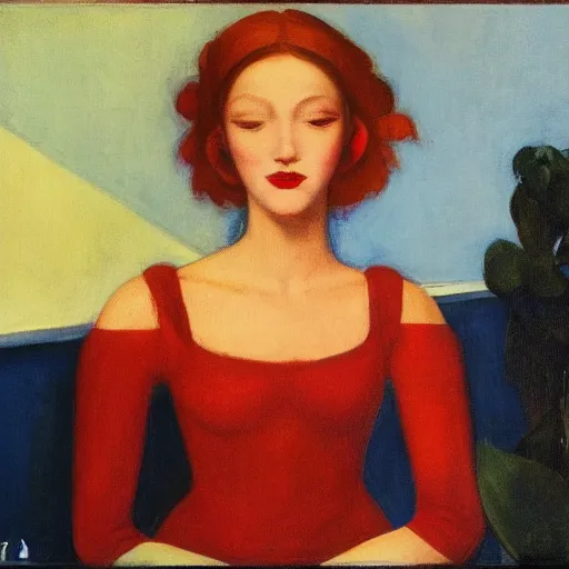 Prompt: Woman model appearance, flowers, Renaissance, red hair, coral lips, blue shadow, style Edward Hopper