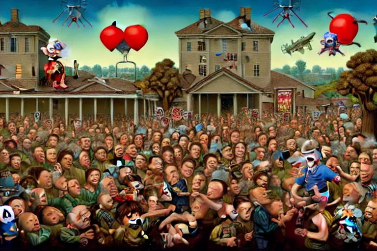 Image similar to a sparsely populated strange battle in an old hospital between old people and babies Robert Williams Mark Ryden and Alex Gross, Todd Schorr highly detailed deep perspective perfect composition