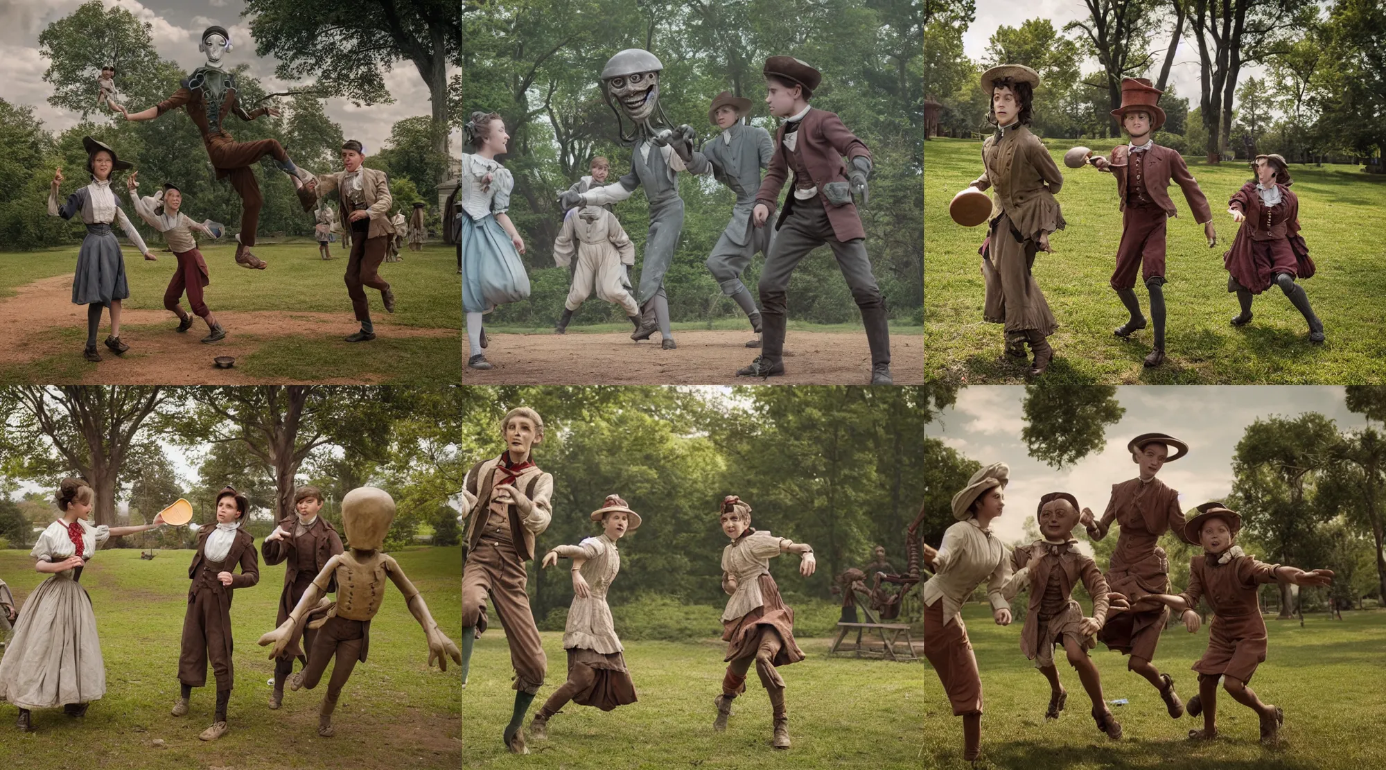 Prompt: detailed, sharp, a human boy and a girl playing frisbee with humanoid alien boy and girl, wearing 1850s era clothes, in a park on an alien planet, extremely highly detailed, highly detailed faces, 70 mm still from a period sci fi color movie, 4k, HD, cinematic lighting