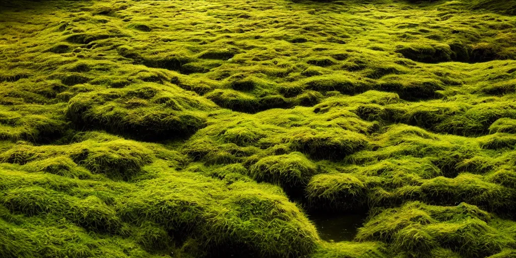 Image similar to gorgeous fields of moss landscape with glistening water in the background, landscape, beautiful, intricate details, highly detailed, sharp focus, concept art, digital painting, trending on artstation, still, screenshot, photo, photograph