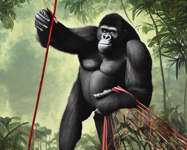 Prompt: a gorilla holding a volleyball and playing volleyball in a jungle, volleyball net, digital illustration, in the style of greg rutkowski, high detail