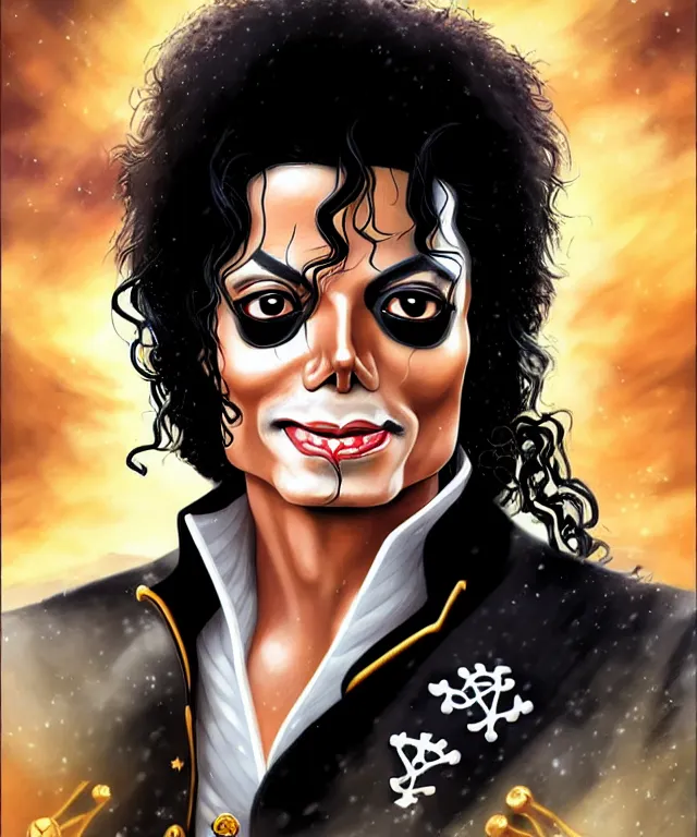 Image similar to fantasy comic style portrait of michael jackson as a pirate, digital illustration by ken taylor and sana takeda, hd, 4 k, intricate, highly detailed!!, character design, cover art, award winning