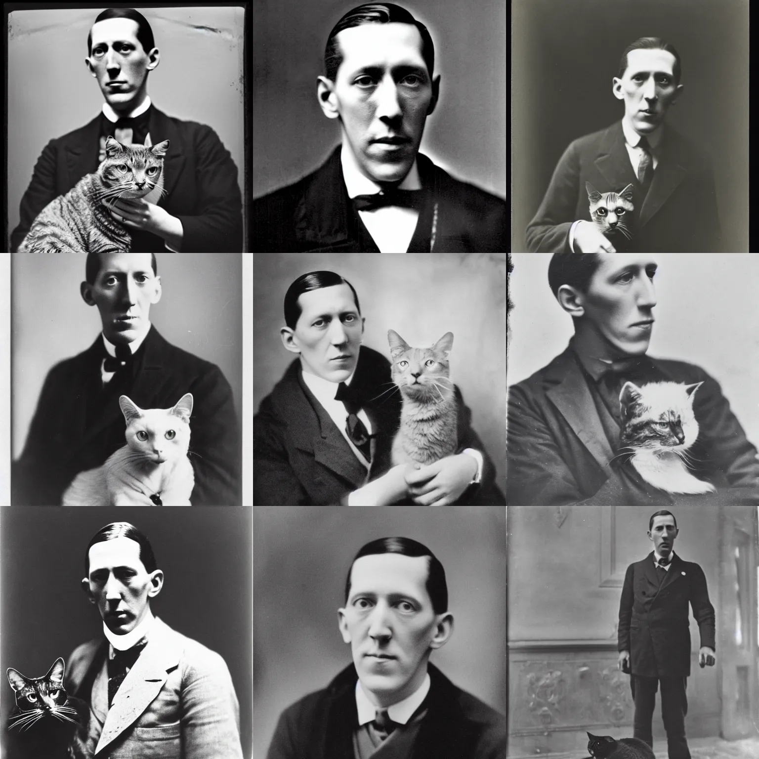 Prompt: a dark, monochrome, glass negative, silver gelatine realistic, supersharp, supersharp, realistic, photographic portrait of h. p. lovecraft with his pet cat on his shoulder